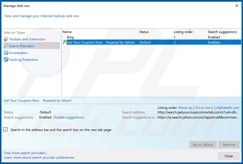Removing search.getyourcouponsnowtab.com from Internet Explorer default search engine