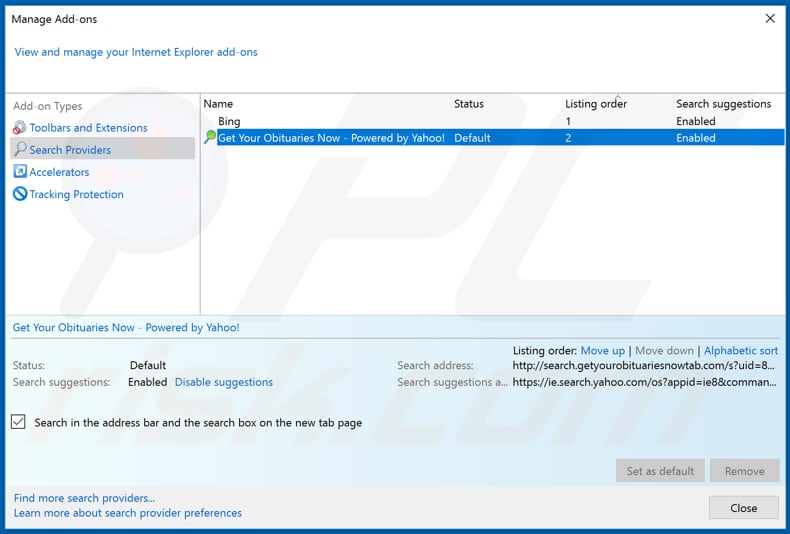 Removing search.getyourobituariesnowtab.com from Internet Explorer default search engine