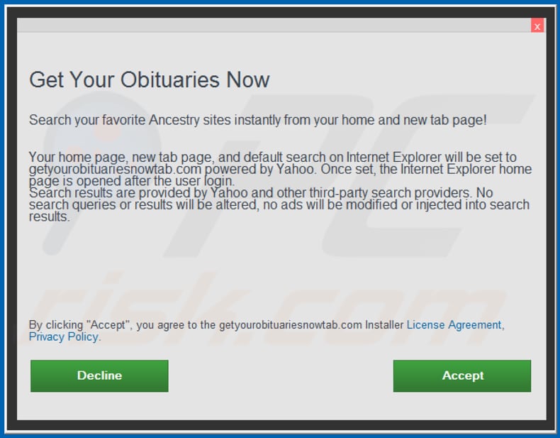 Official Get Your Obituaries Now browser hijacker installation setup