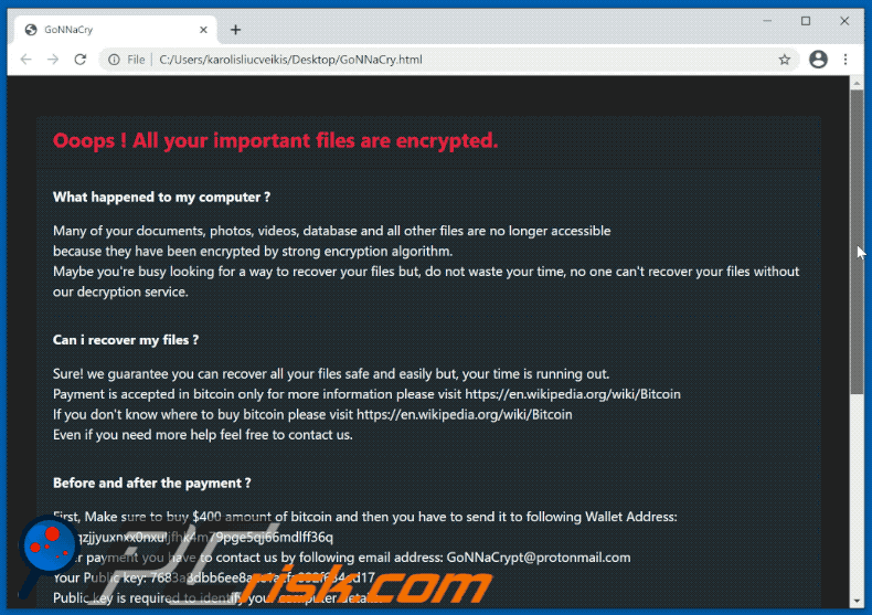 GoNNaCry ransomware ransom note appearance GIF (GoNNaCry.html)