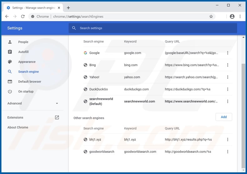 Removing searchnewworld.com from Google Chrome default search engine