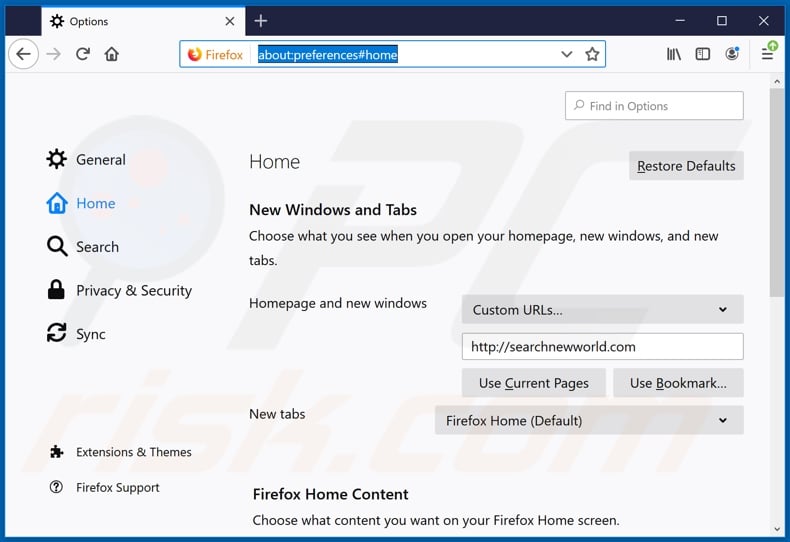 Removing searchnewworld.com from Mozilla Firefox homepage