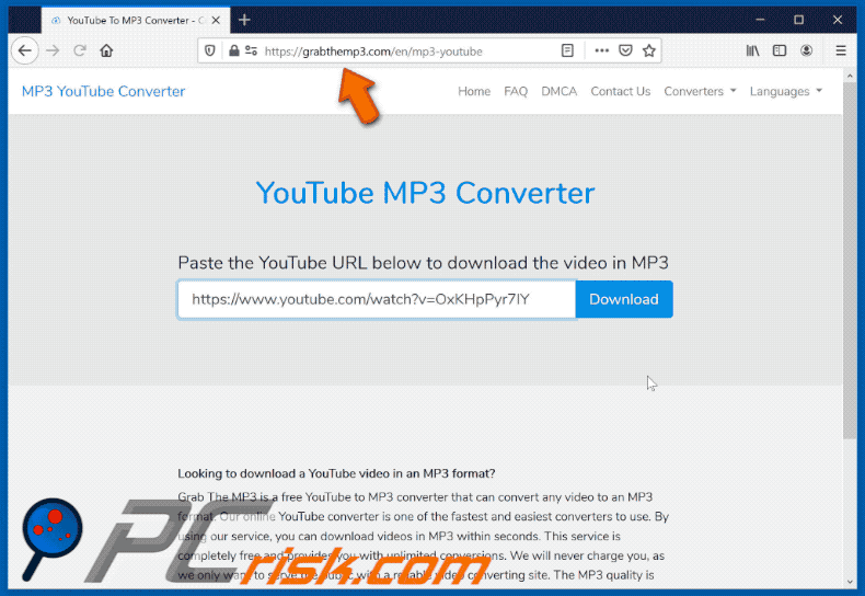 grabthemp3.com redirects to a download page of PDF Converter HD Search