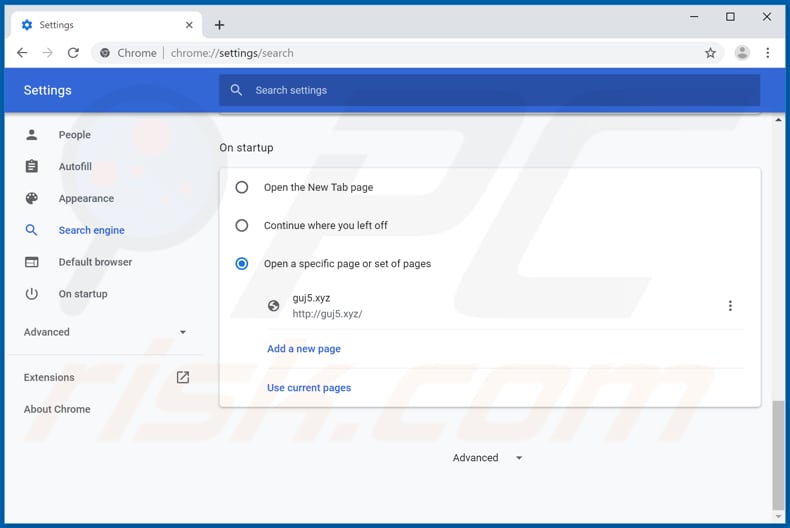 Removing guj5.xyz from Google Chrome homepage