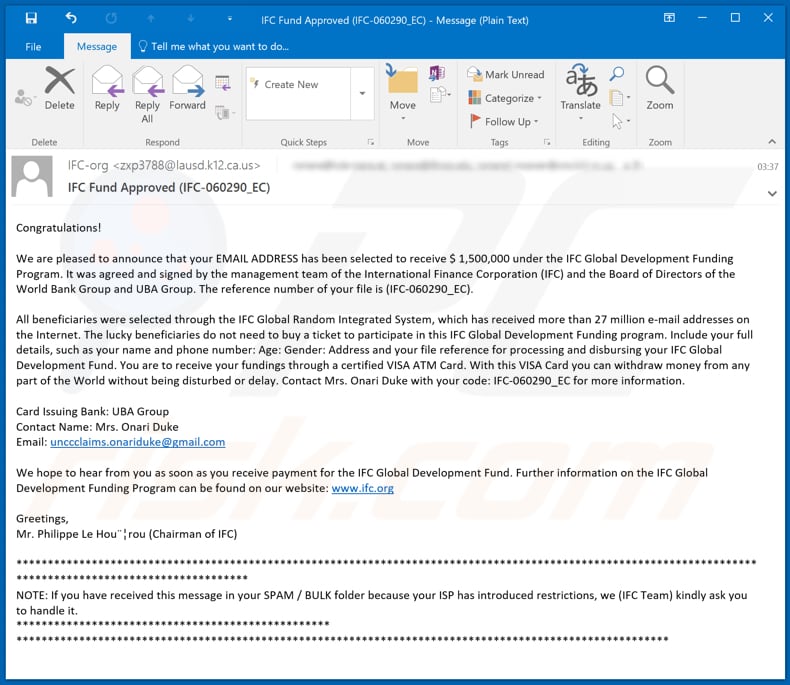IFC Global Development Funding Program Email Scam spam campaign
