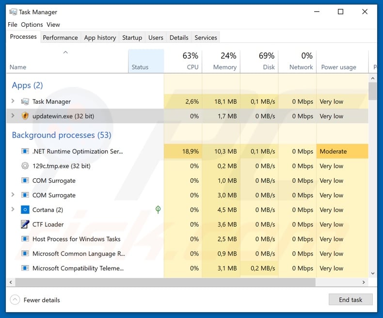 Kodc ransomware process on Task Manager (updatewin.exe)