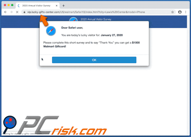 lucky-gifts-center.com redirects to Dear Safari User You Are Todays Lucky Visitor scam