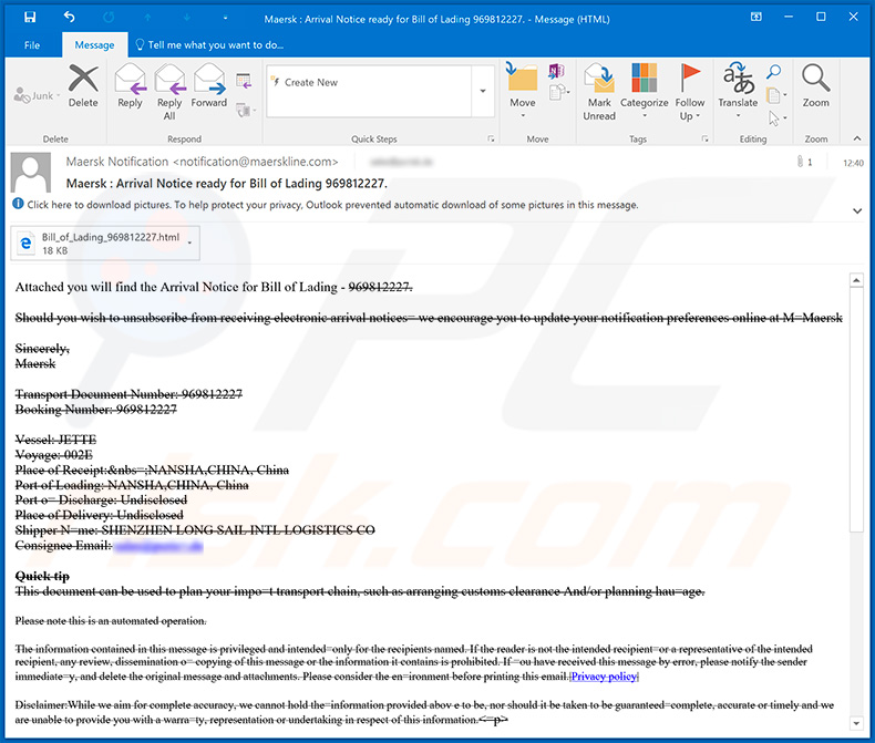 Maersk spam email used for phishing