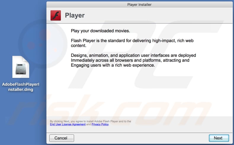 fake Adobe Flash Player installer downloaded from mainplaceupgradesfree.info