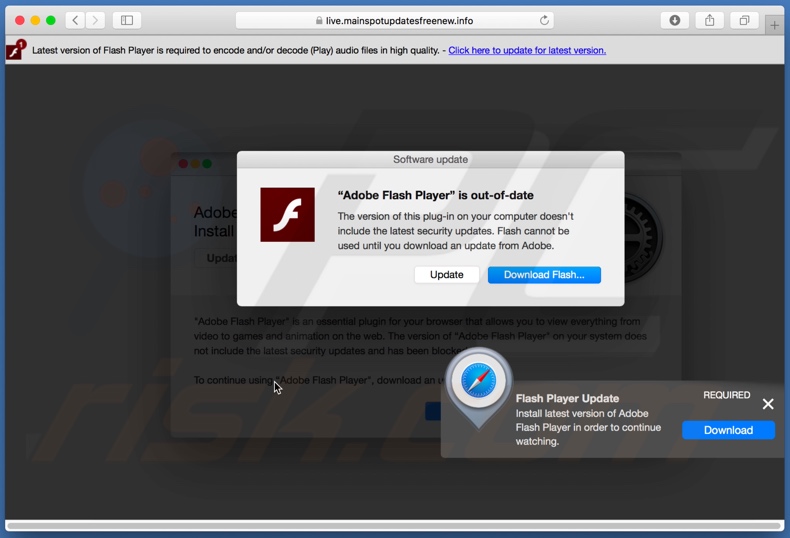 mainspotupdatesfreenew[.]info scam pop-up overlaying other pop-up window