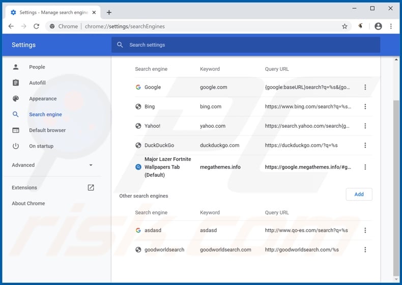 Removing google.megathemes.info from Google Chrome default search engine