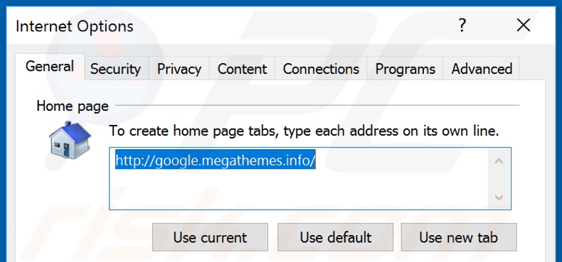 Removing google.megathemes.info from Internet Explorer homepage