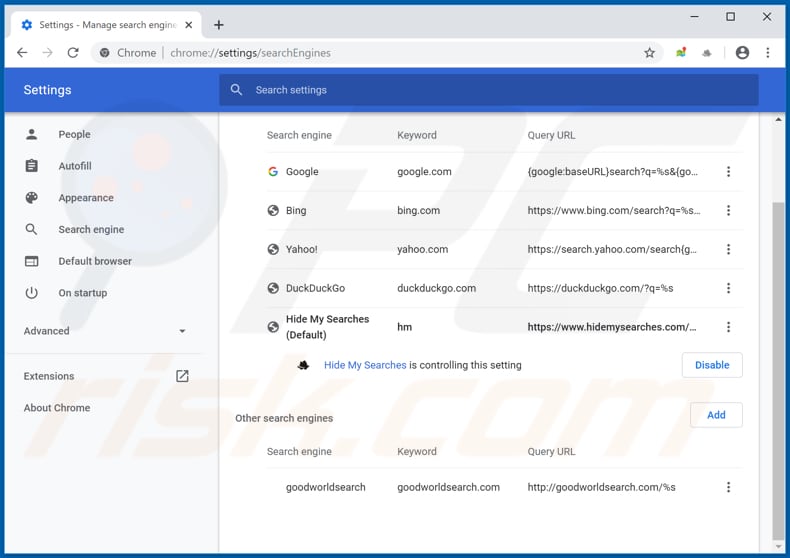 Removing search.mapsanddrivingdirectionstab.com from Google Chrome default search engine