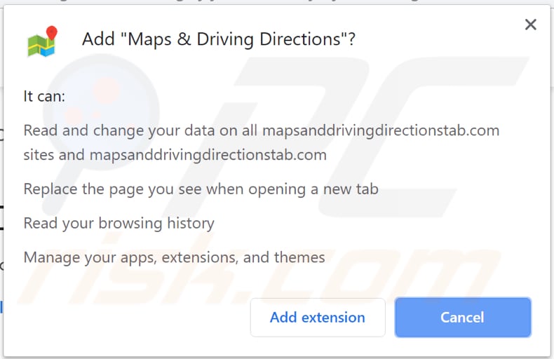 maps and driving directions browser hijacker asks for a permission to read and change various data