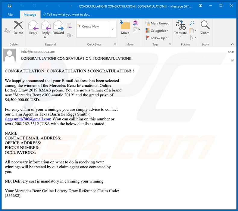 Mercedes-Benz lottery email spam campaign