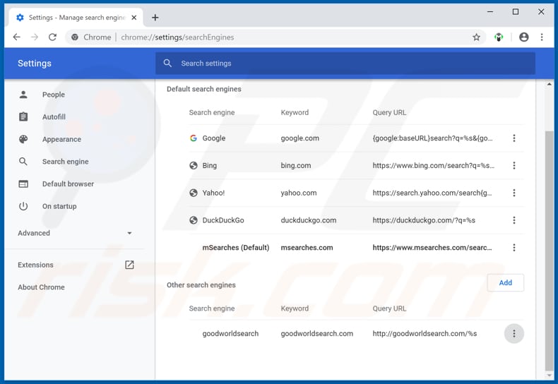 Removing msearches.com from Google Chrome default search engine