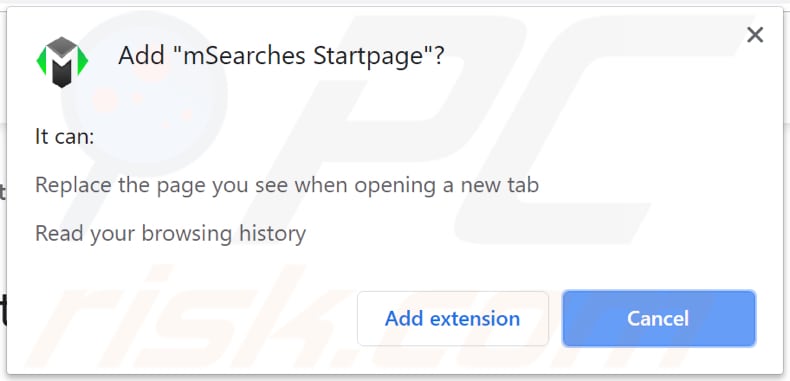 mmsearches startpage browser hijacker asks for a permission to be added to a browser