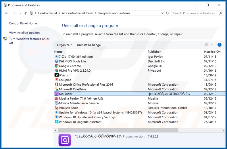 MoFinder adware uninstall via Control Panel