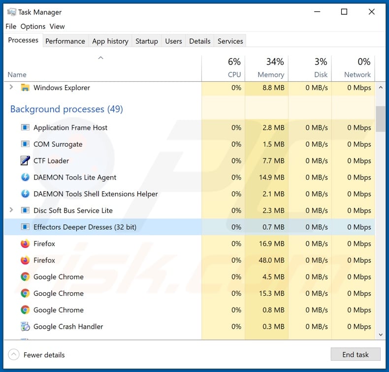 Mp3 ransomware process on Task Manager (Effectors Deeper Dresses - process name)