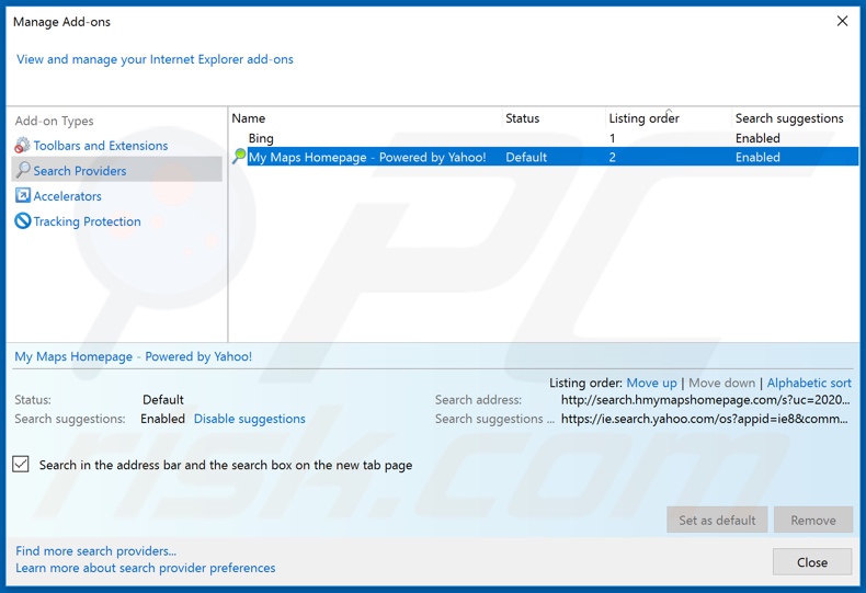 Removing search.hmymapshomepage.com from Internet Explorer default search engine