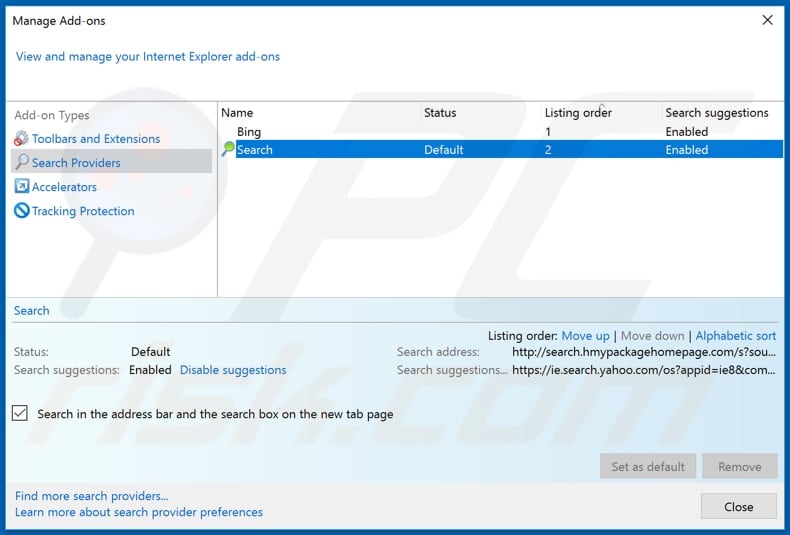 Removing search.hmypackagehomepage.com from Internet Explorer default search engine