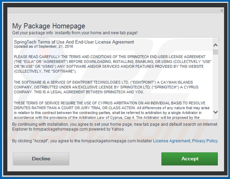 Official My Package Homepage browser hijacker installation setup