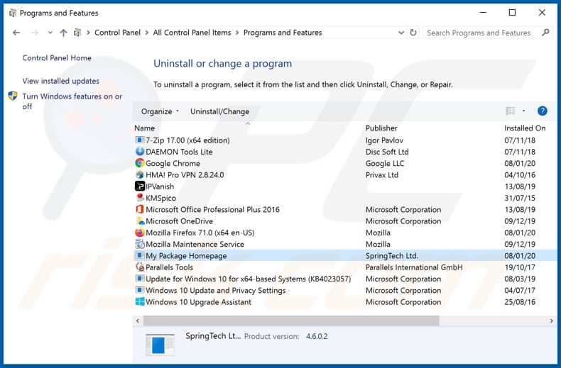 search.hmypackagehomepage.com browser hijacker uninstall via Control Panel