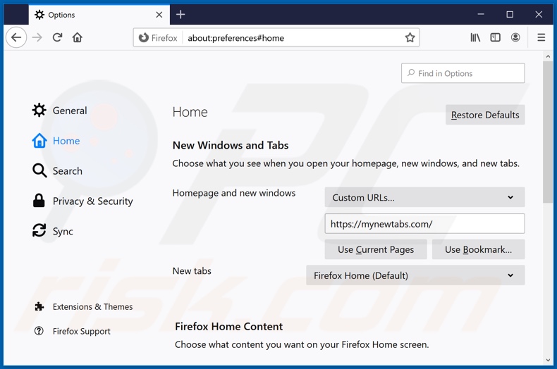 Removing mynewtabs.com from Mozilla Firefox homepage