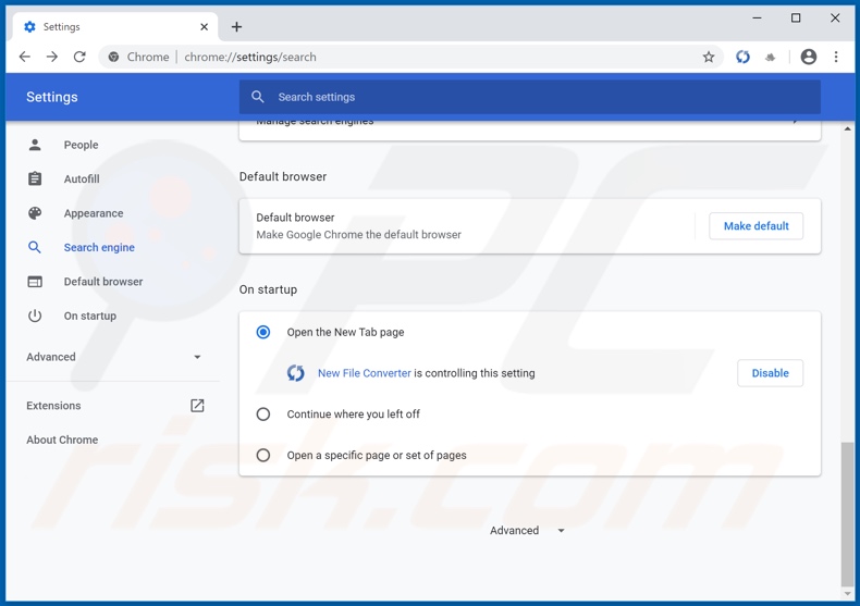 Removing search.newfileconvertertab.com from Google Chrome homepage