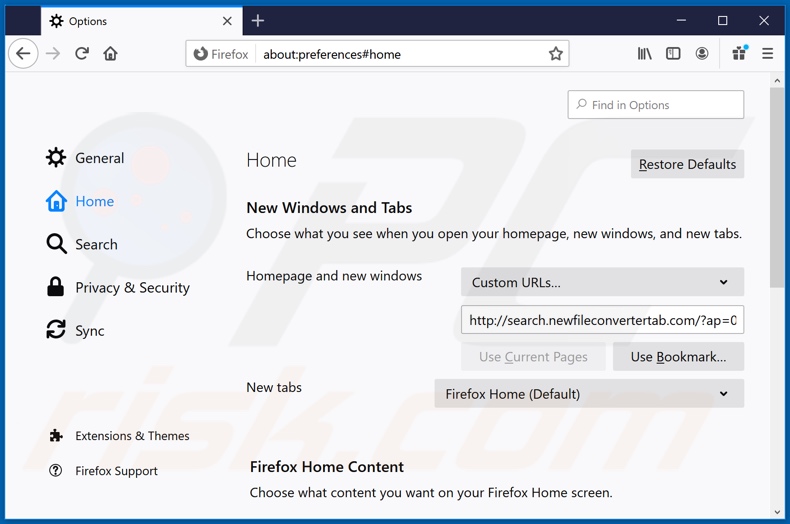 Removing search.newfileconvertertab.com from Mozilla Firefox homepage
