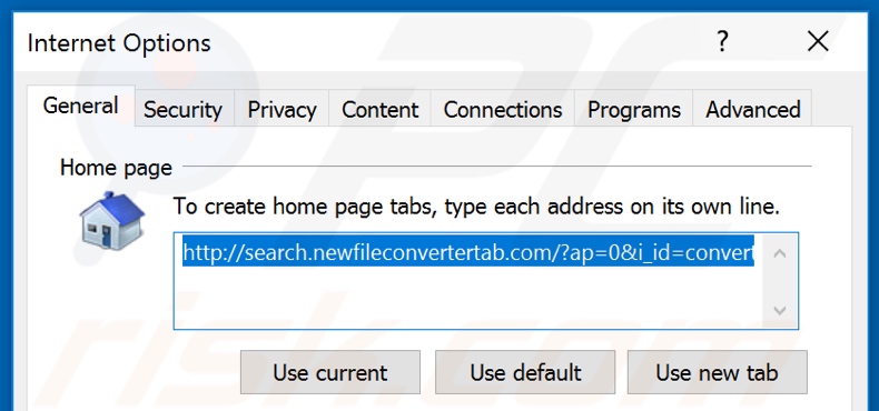 Removing search.newfileconvertertab.com from Internet Explorer homepage