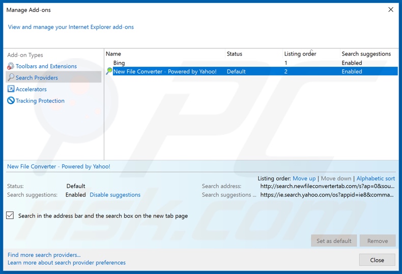 Removing search.newfileconvertertab.com from Internet Explorer default search engine