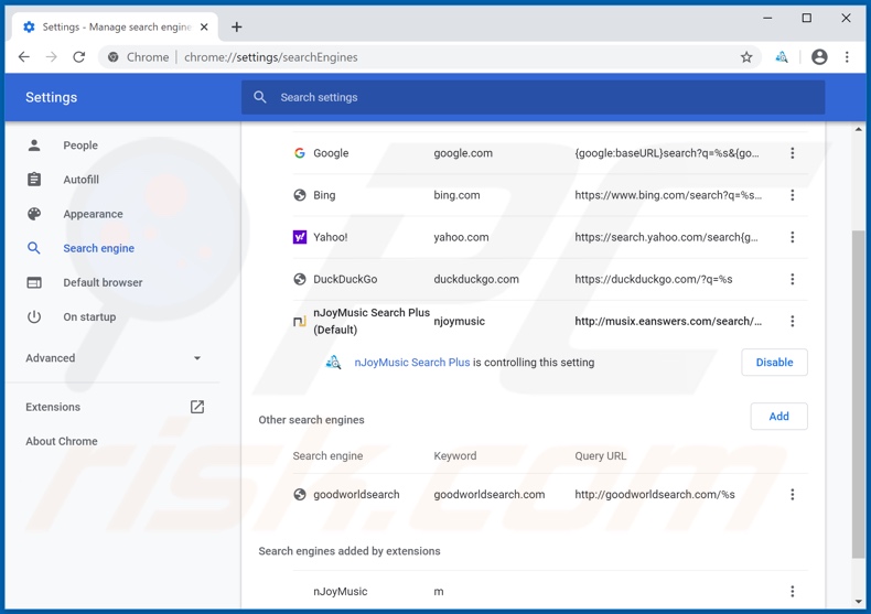 Removing musix.eanswers.com from Google Chrome default search engine