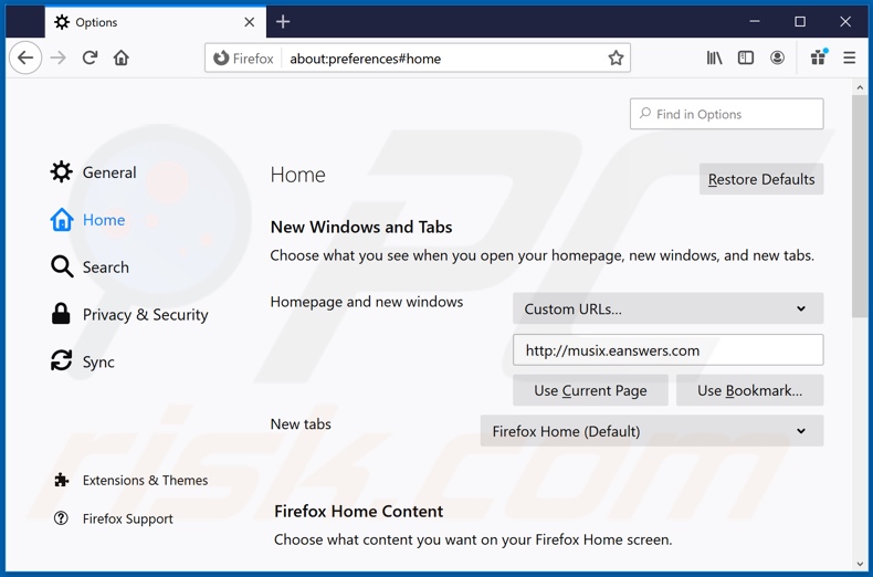 Removing musix.eanswers.com from Mozilla Firefox homepage