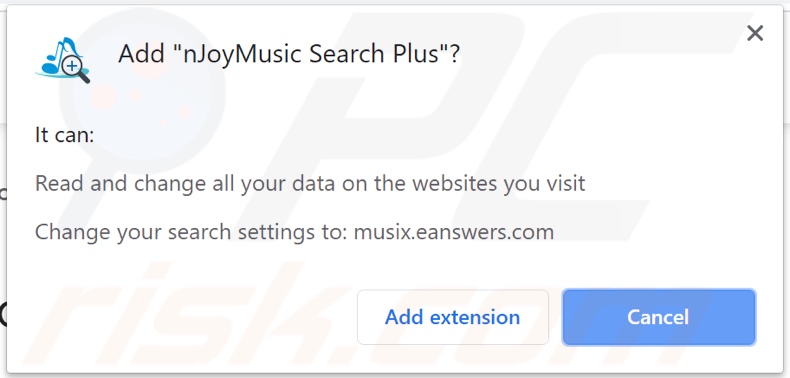 nJoyMusic Search Plus browser hijacker asking for permissions