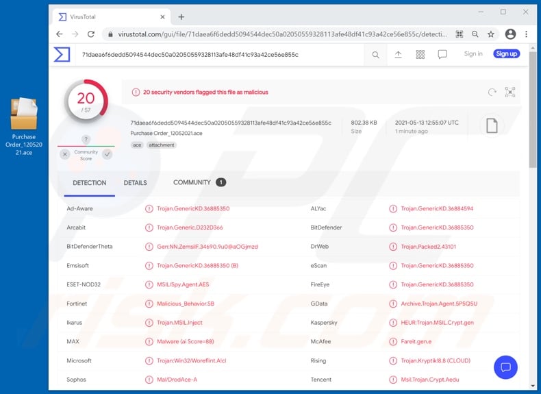 OCEANIC PROJECTS email virus attachment detections (Purchase Order_12052021.ace filename)