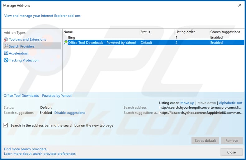 Removing search.hyourfreepdfconverternowpro.com from Internet Explorer default search engine
