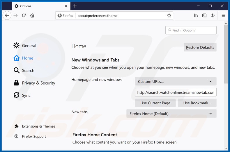 Removing search.watchonlinestreamsnowtab.com from Mozilla Firefox homepage