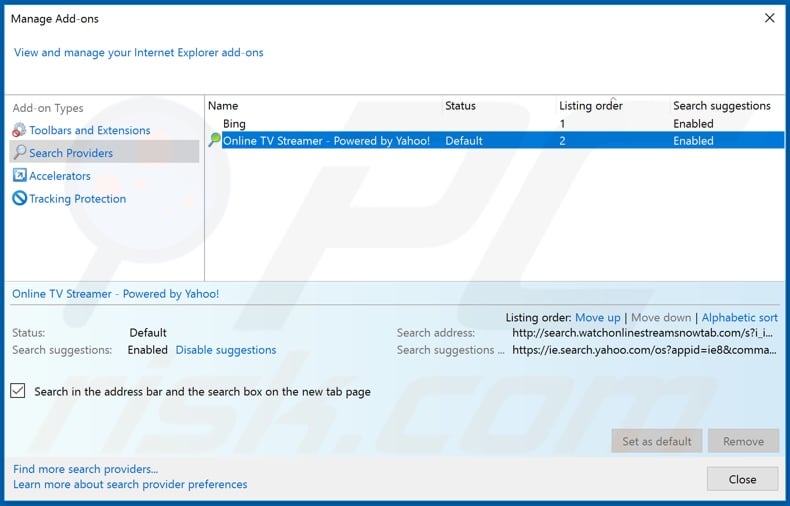 Removing search.watchonlinestreamsnowtab.com from Internet Explorer default search engine