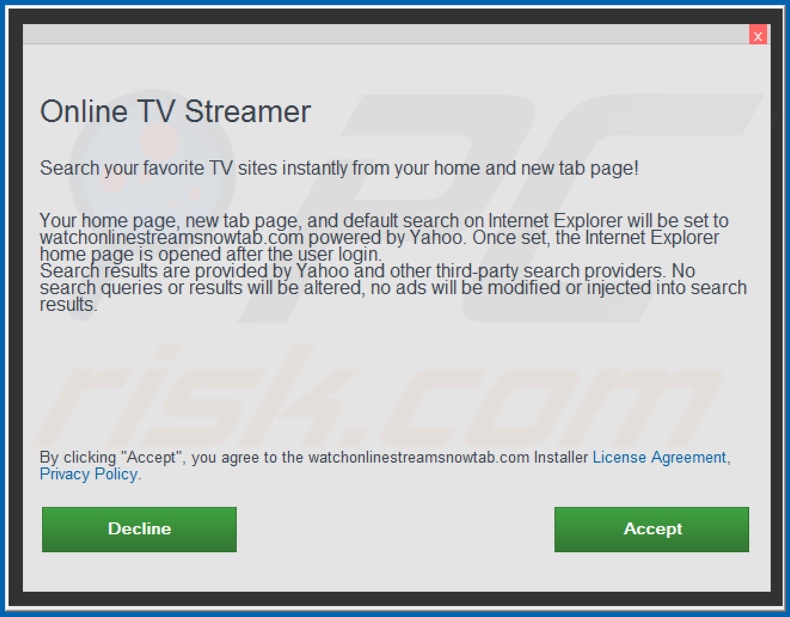 Official Online TV Streamer browser hijacker installation setup
