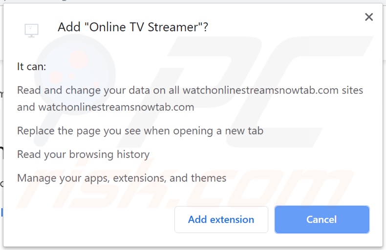 Online TV Streamer browser hijacker asking for permissions