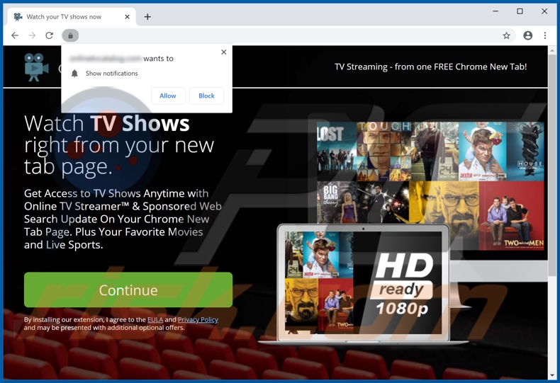 Website used to promote Online TV Streamer browser hijacker