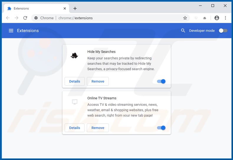Removing search.onlinetvstreamsapptab.com related Google Chrome extensions