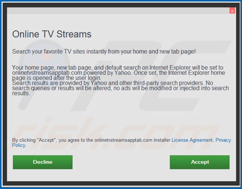 Official Online TV Streams browser hijacker installation setup