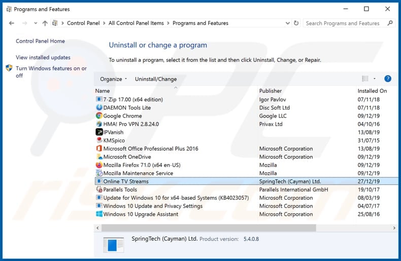 search.onlinetvstreamsapptab.com browser hijacker uninstall via Control Panel
