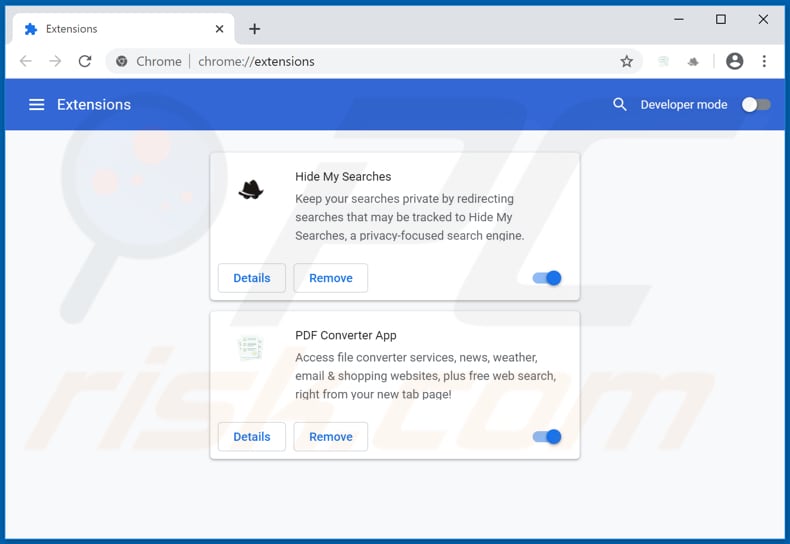 Removing search.pdfconverterapptab.net related Google Chrome extensions