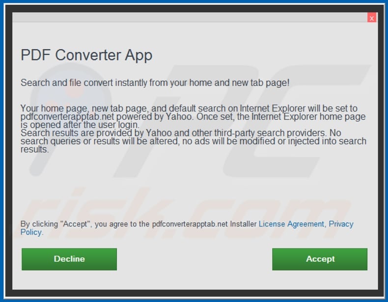Official PDF Converter App browser hijacker installation setup