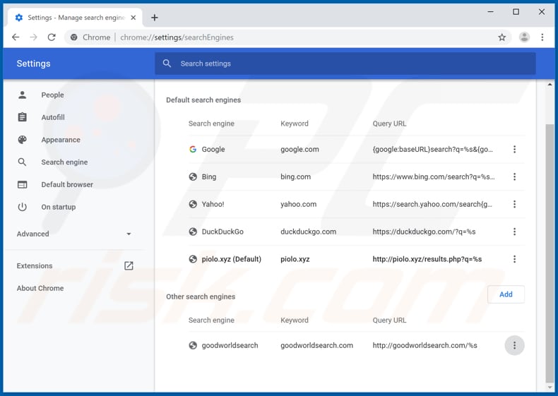 Removing piolo.xyz from Google Chrome default search engine