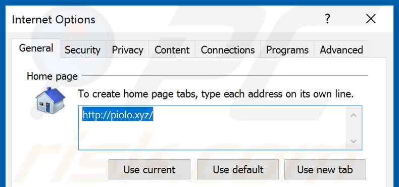 Removing piolo.xyz from Internet Explorer homepage