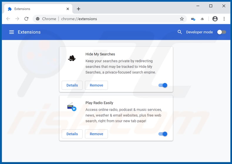 Removing search.playradioeasilytab.com related Google Chrome extensions